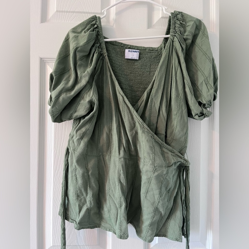 Puffy Sleeve Wrap Around Green Blouse